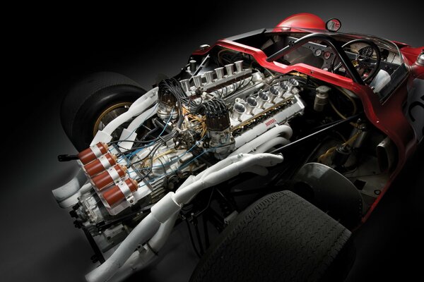 Racing car with open engine compartment