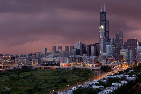 Chicago. Schönes Foto der Stadt bei Sonnenuntergang