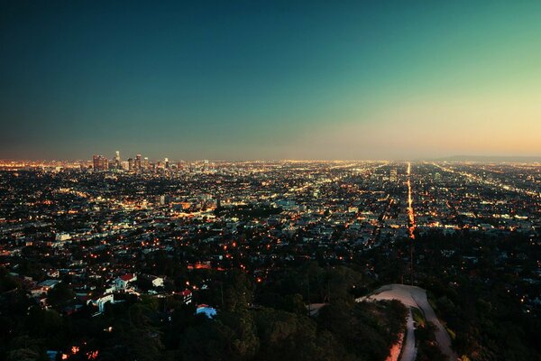 Lights from above at sunset in the city