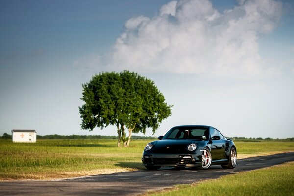 Porsche negro contra el cielo y la madera