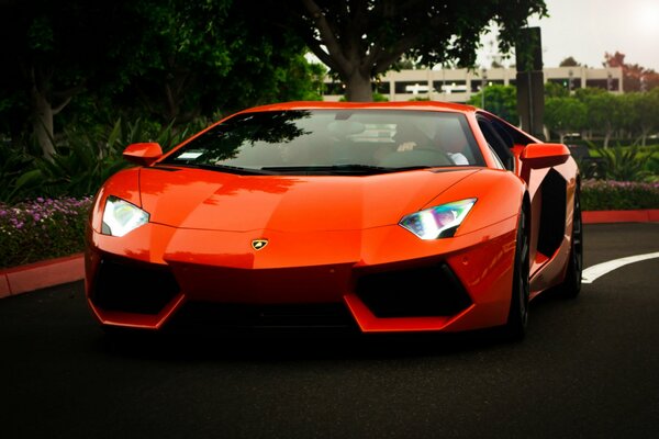 Orange Lambargini Monte sur la route de la ville