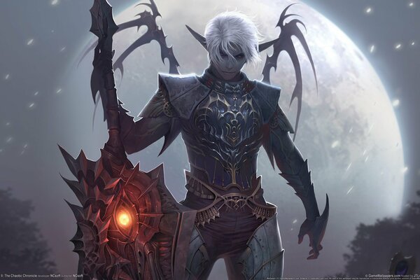 Dark elf on the background of the Moon from lineage 2