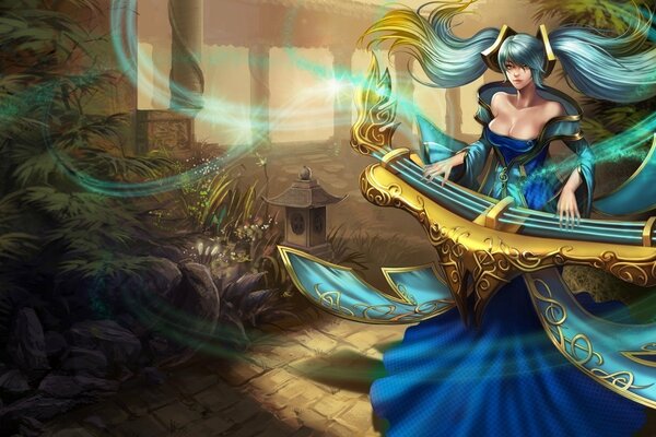 Магическая девушка с голубыми волосами играющая на арфе