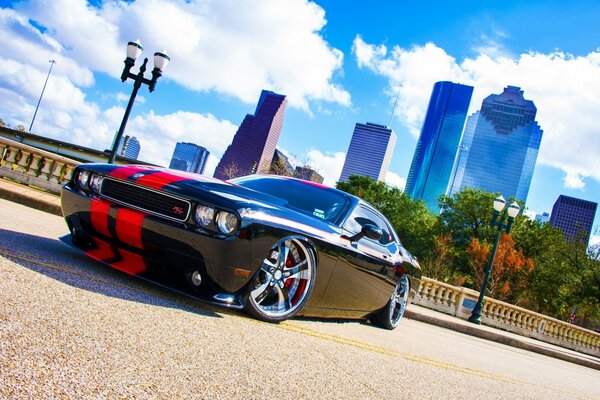 Dodge Challenger auf dem Hintergrund der Gebäude der Metropole