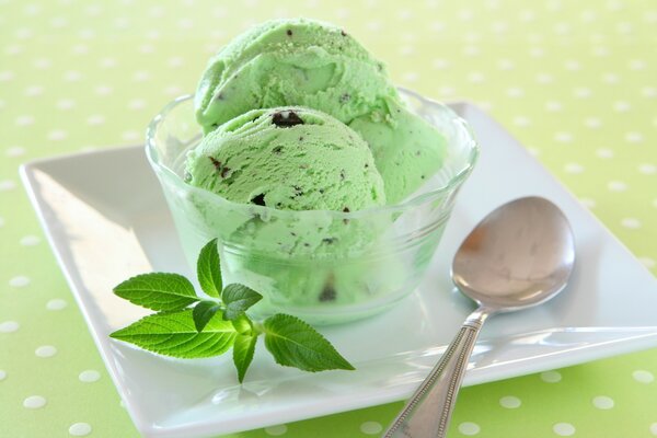 Pistachio ice cream with mint for dessert