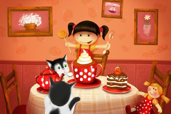 Drawing of a girl s tea party with animals, bright red picture