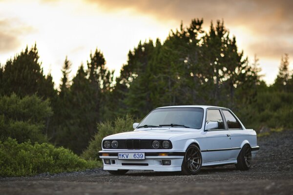 White BMW on the evening road