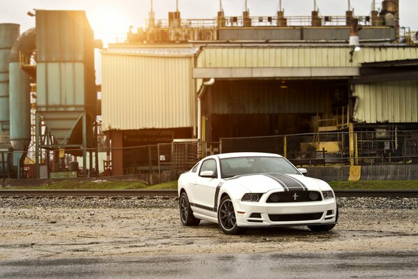 Biały Ford Mustang ze sportowymi paskami