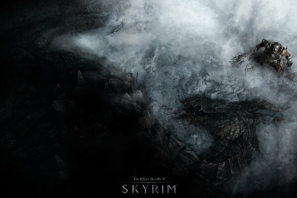 Cadre dessiné à la main avec un dragon de Skyrim dans les montagnes