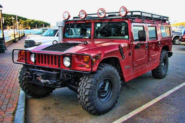 Red Hummer is a powerful all-terrain vehicle