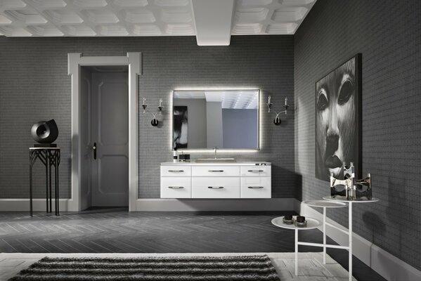 Conception de salle de bain dans les couleurs gris-blanc-noir