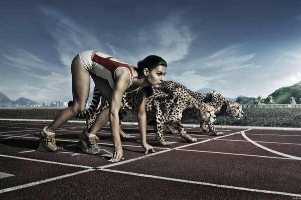 Girl and cheetahs on the treadmill