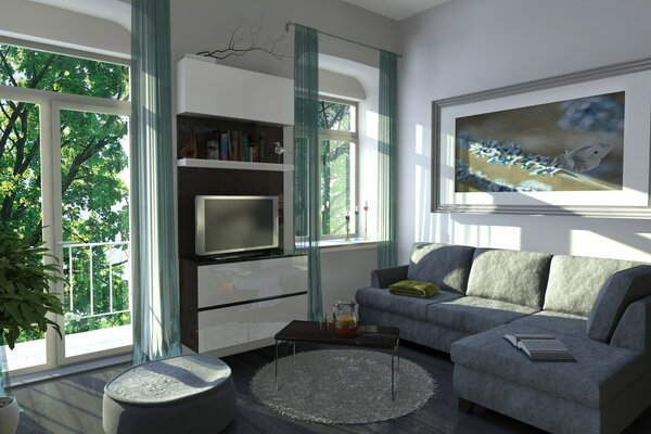 Красивый дизайн комнаты с видом на деревья