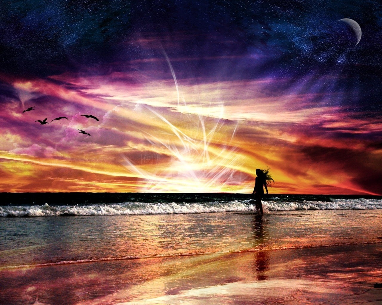 abstraction landscape nature space flight sea waves girl energy bright sunset