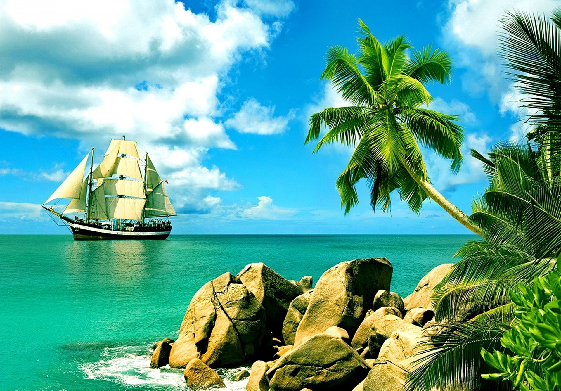 steine strand palmen natur schiff tropen sommer urlaub himmel wolken segelboot schön paradies