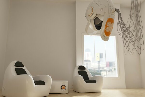 Интерьер комнаты в белом цвете с иновационными технологиями