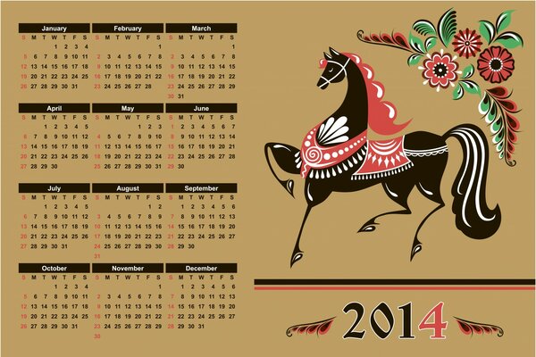 Calendar for 2014 with a drawing of a horse in folk style