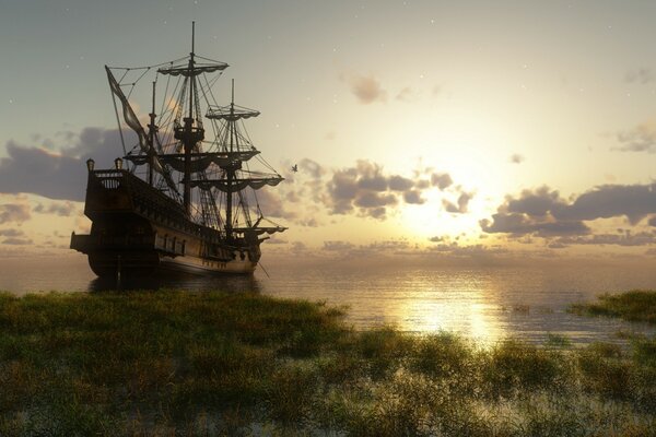 A ship in the bay at sunset