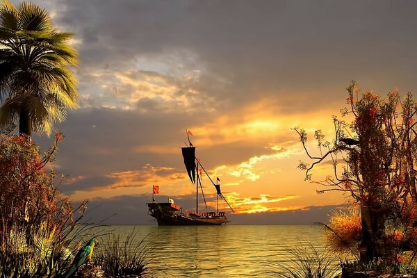 Floating ship in the sea against the background of clouds