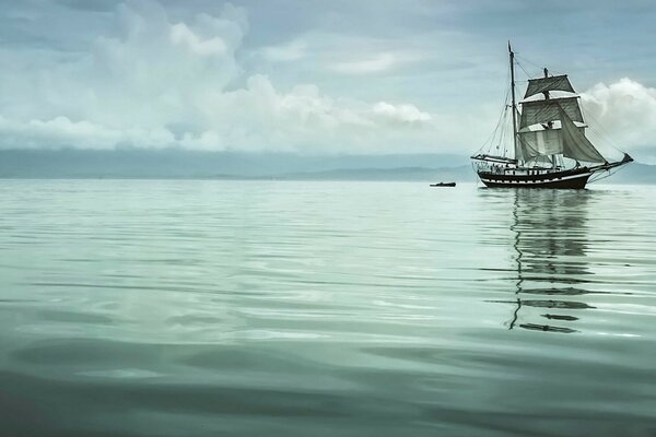 The sailboat goes to sea. Calm