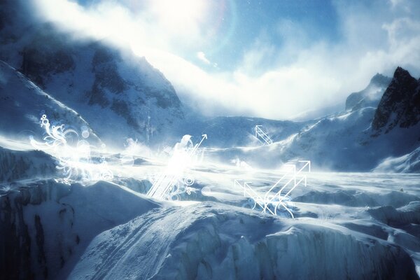 Snow-covered mountain ranges. Ski descent