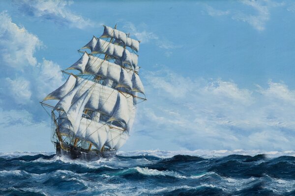 A picture of a ship sailing on the waves