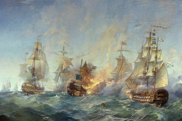 Battle of sailboats in the dark blue sea