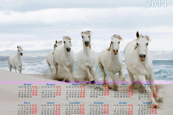 Calendar for 2014 with white horses