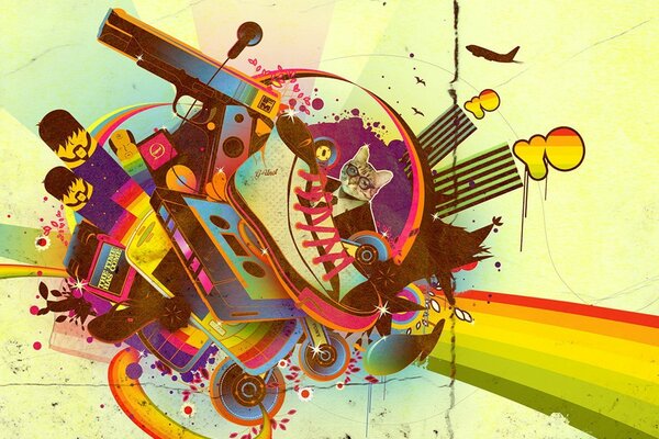 Imagen multicolor en el estilo de 90-x con cassettes, pistola idynamikami