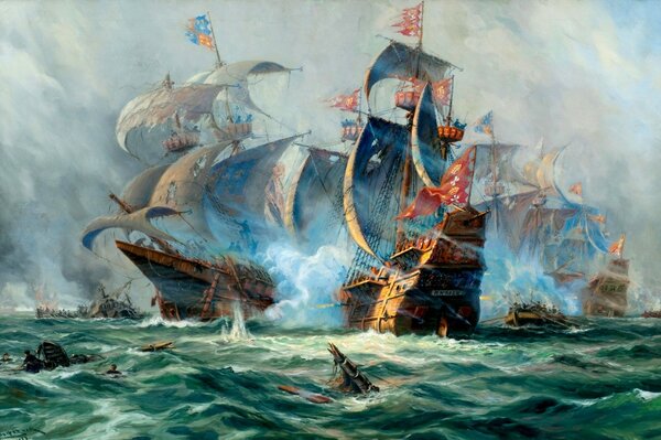 Sea battle of ancient sailing ships in the middle of a storm