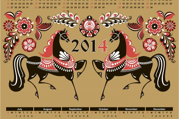 Calendrier pour l année 2014 avec un dessin de chevaux dans le style folklorique