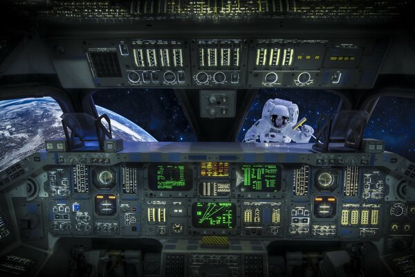 View from the shuttle cabin of an astronaut in outer space