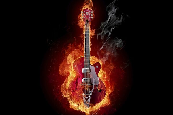 Chitarra in fiamme su sfondo nero