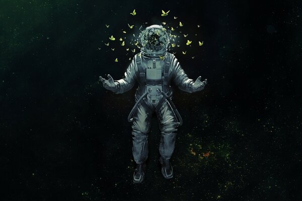 Astronaut in a spacesuit in a project with butterflies