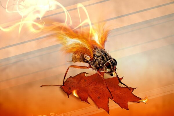 Płonąca mucha na jesiennym liściu