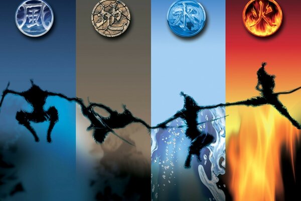 The image of the four elements, water, earth, fire, wind