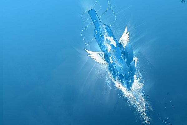 Imagen de una botella con alas blancas sobre un fondo azul brillante