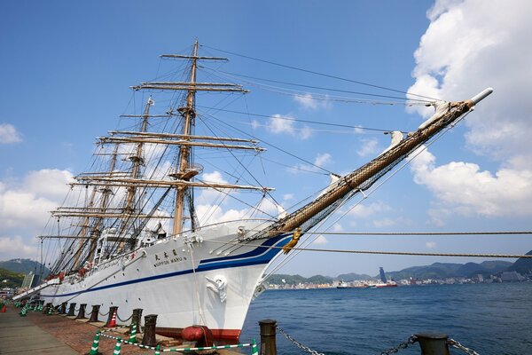 A Japanese sailboat is moored at the Tokyo Museum