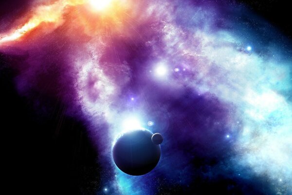 Nebulosa en el espacio y el planeta
