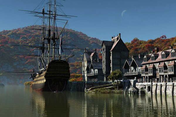 An old sailboat moored at an old building