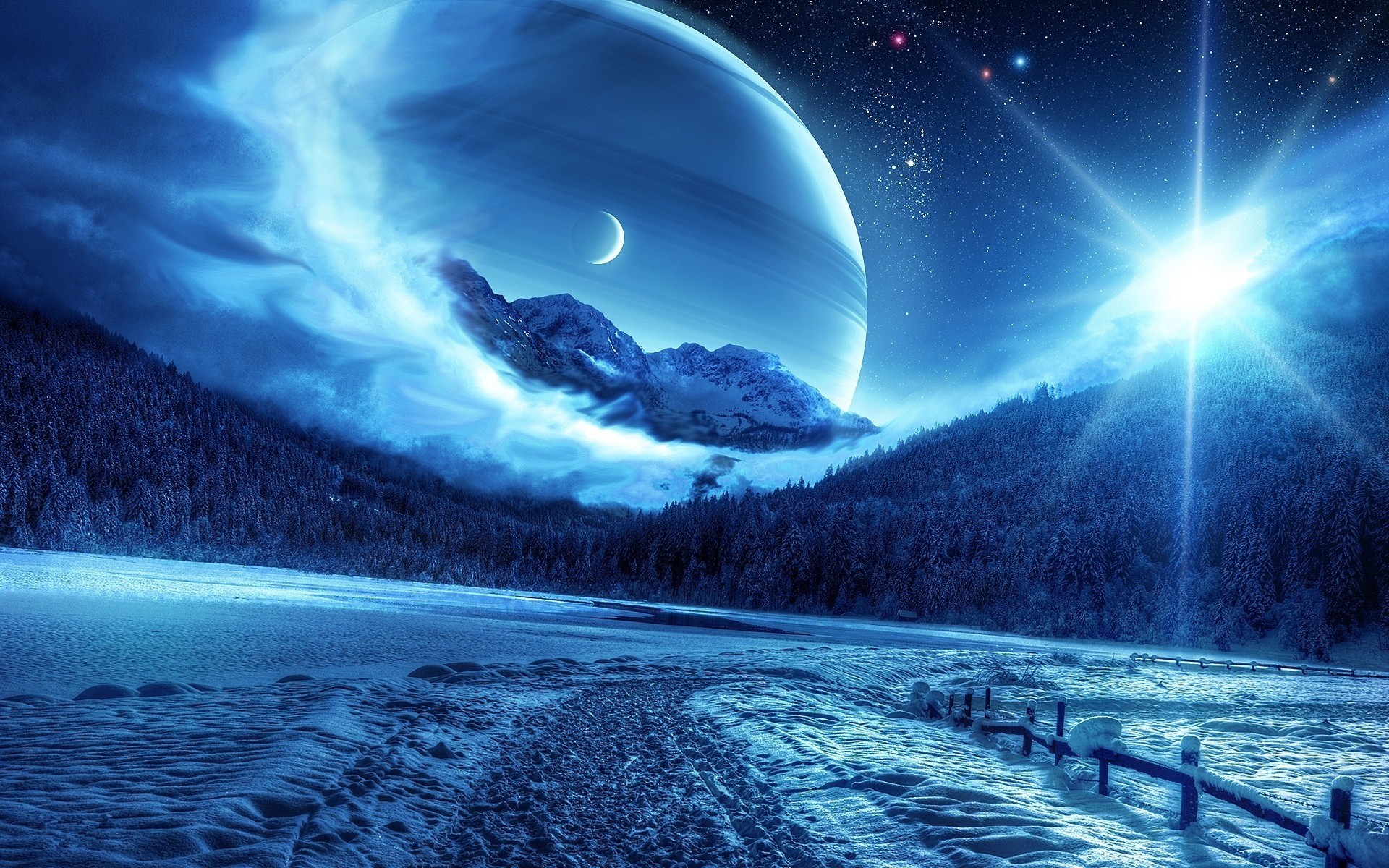 planet night fantastic landscape road mountain winter