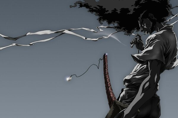 Afro-Samurai mit Zigarette auf grauem Hintergrund