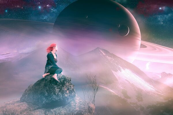 Beautiful redhead girl in space