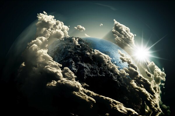 Planète entourée de nuages avec le soleil qui regarde