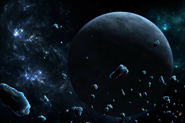Планета на фоне астероидного пояса