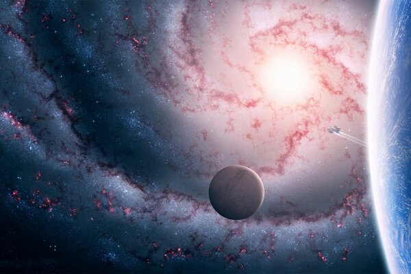 Galaxie spirale et astéroïde noir