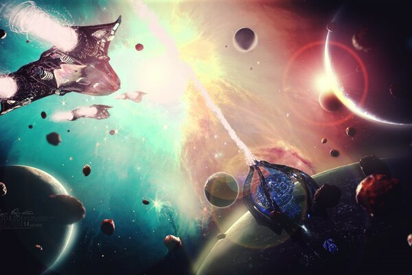 Atmospheric art with planets and spaceships