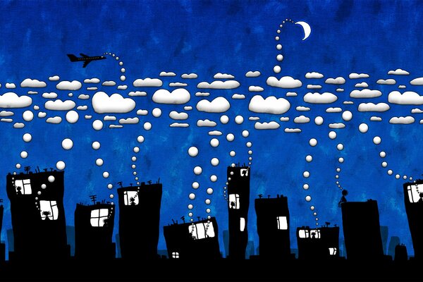 Dibujo caricaturesco de una nube sobre la ciudad