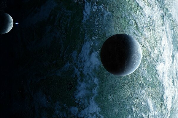 Планета и спутник. Свет в пустоте гравитация