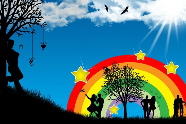 Silhouettes of couples in love against a rainbow and blue sky